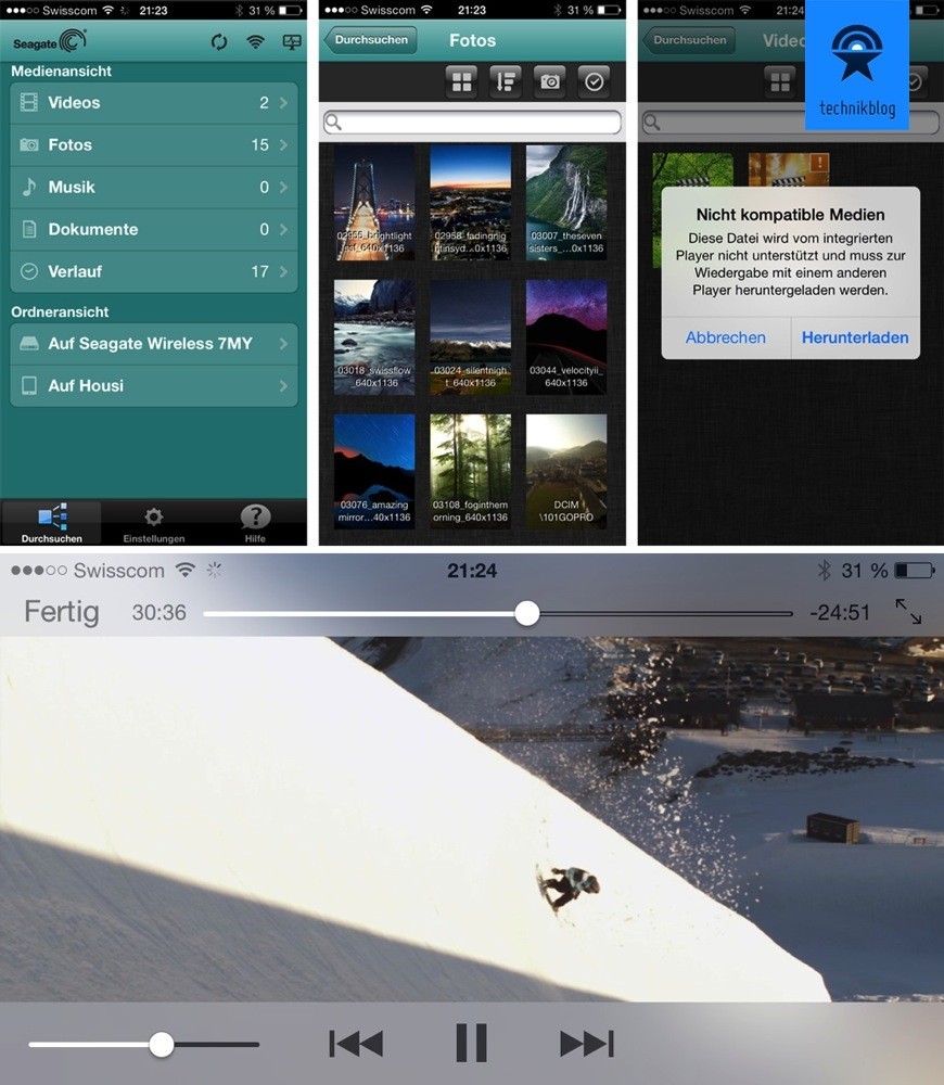 Screenshots der Seagate App: Hauptmenü, Bilderansicht, Videoansicht und -Wiedergabe